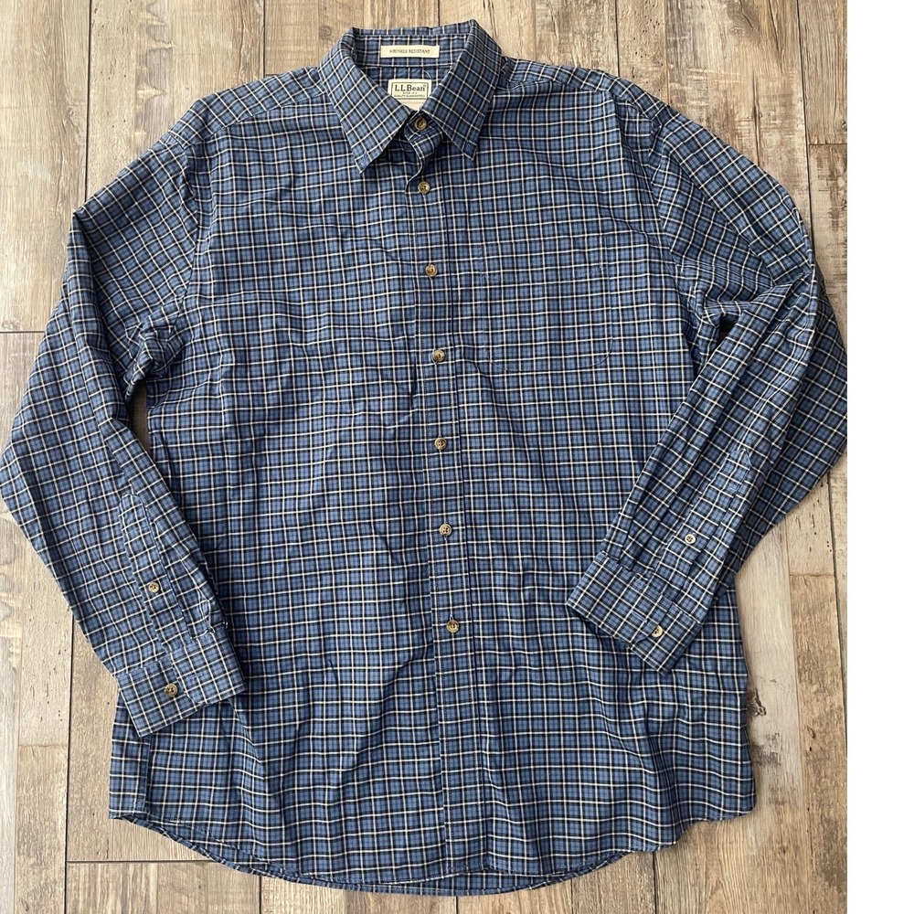 LL Bean Mens Large Blue Plaid Wrinkle Resistant Cotton Button Down Shirt 218573